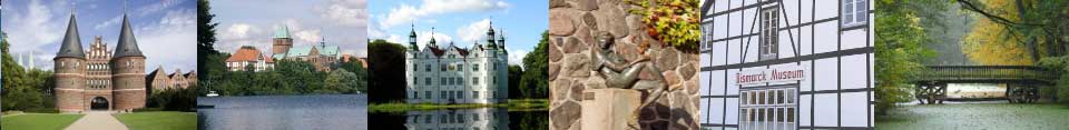 Auf diesen Bildern sehen Sie: das Holstentor in Lübeck, Ratzeburg, das Ahrensburger Schloss,Mölln, das Bismark Museum und Umgebung