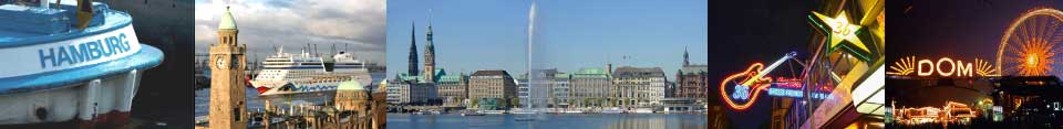 Auf diesen Bildern sehen Sie: eine Hamburger Barkasse, die Landungsbrücken in Hamburg, die Alster, die Große Freiheit an der Reeperbahn und den Hamburger Dom